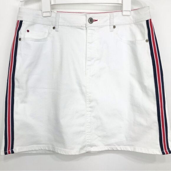 EV1 ALEX Relaxed Vintage White Denim Mini Skirt with Red White Blue Side Trim - Picture 1 of 16